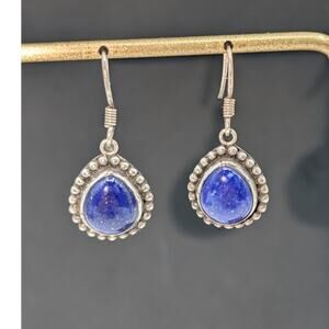 Vintage Lapis Lazuli Beaded 925 Sterling Silver Wire Dangle Earrings